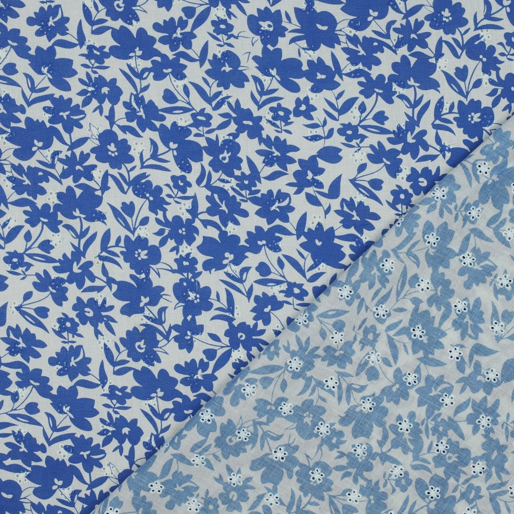 Blue Floral Broderie Anglaise Cotton Fabric