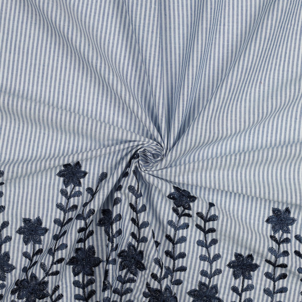 Blue and White Stripe Cotton Fabric With Embroidered Border