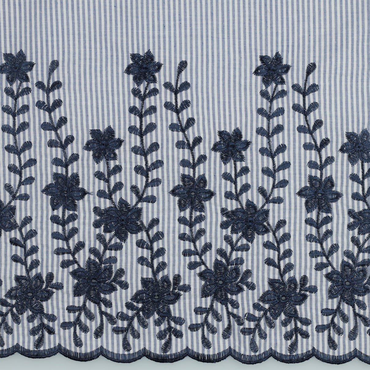 Blue and White Stripe Cotton Fabric With Embroidered Border