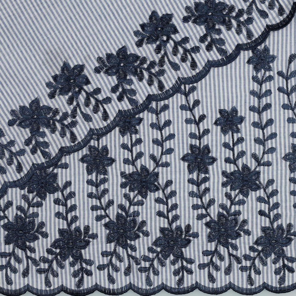 Blue and White Stripe Cotton Fabric With Embroidered Border