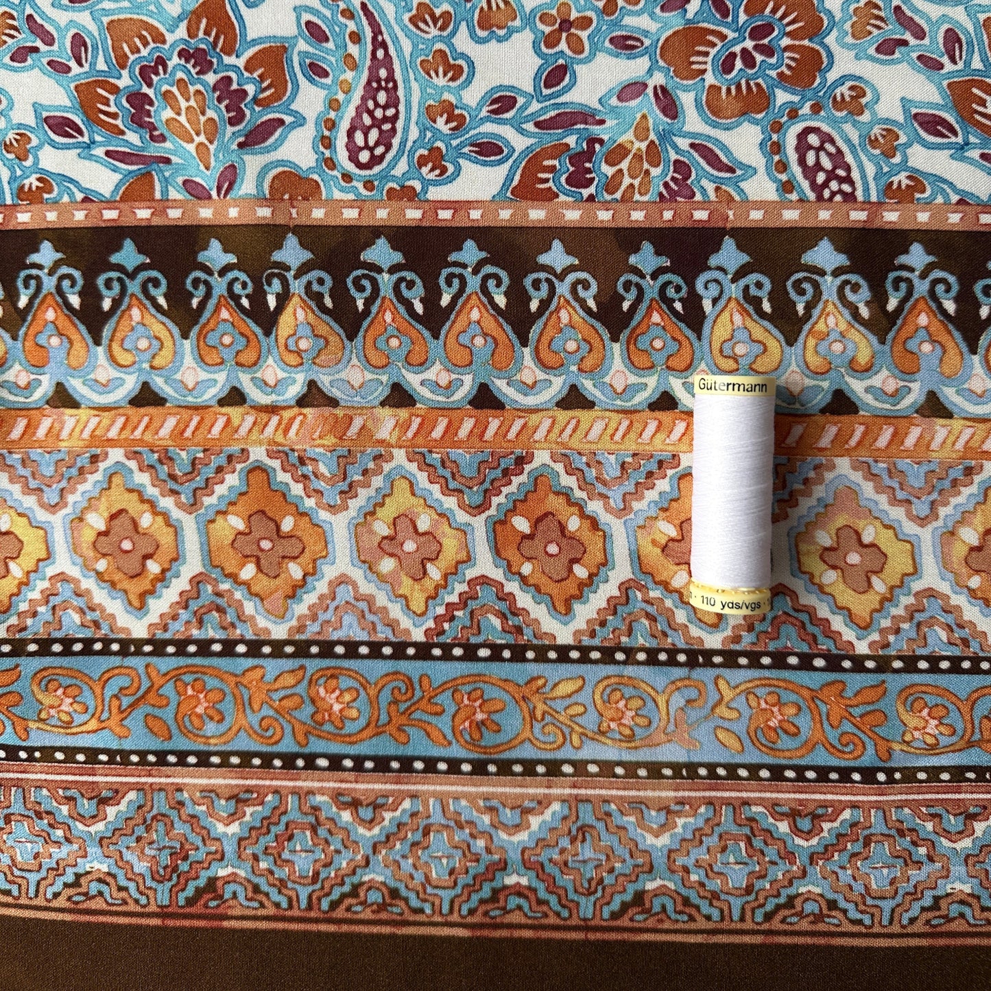 Border Print Viscose Fabric in Brown, Blue and Orange
