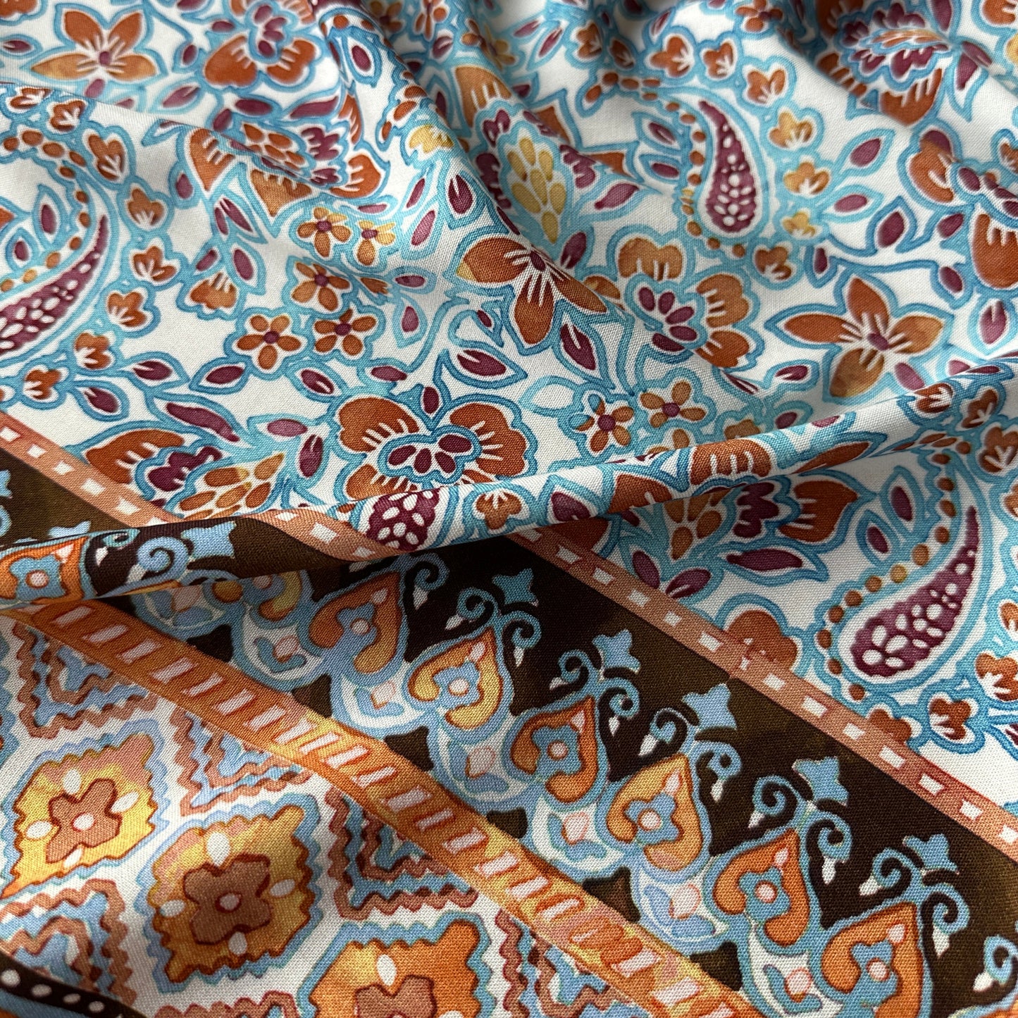 Border Print Viscose Fabric in Brown, Blue and Orange
