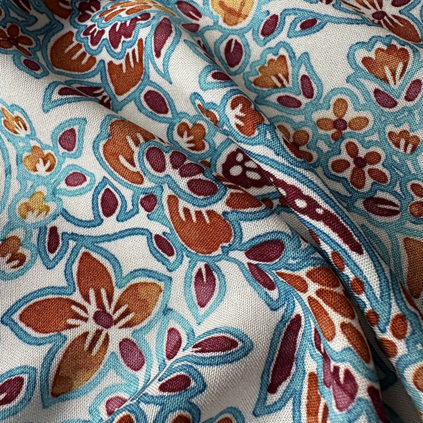 Border Print Viscose Fabric in Brown, Blue and Orange