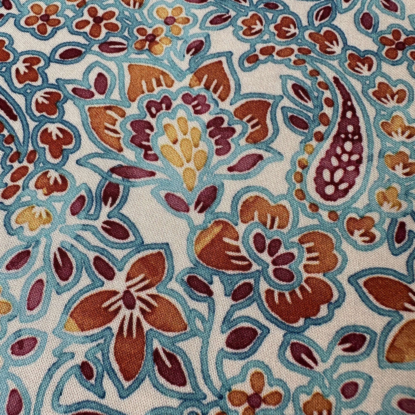 Border Print Viscose Fabric in Brown, Blue and Orange
