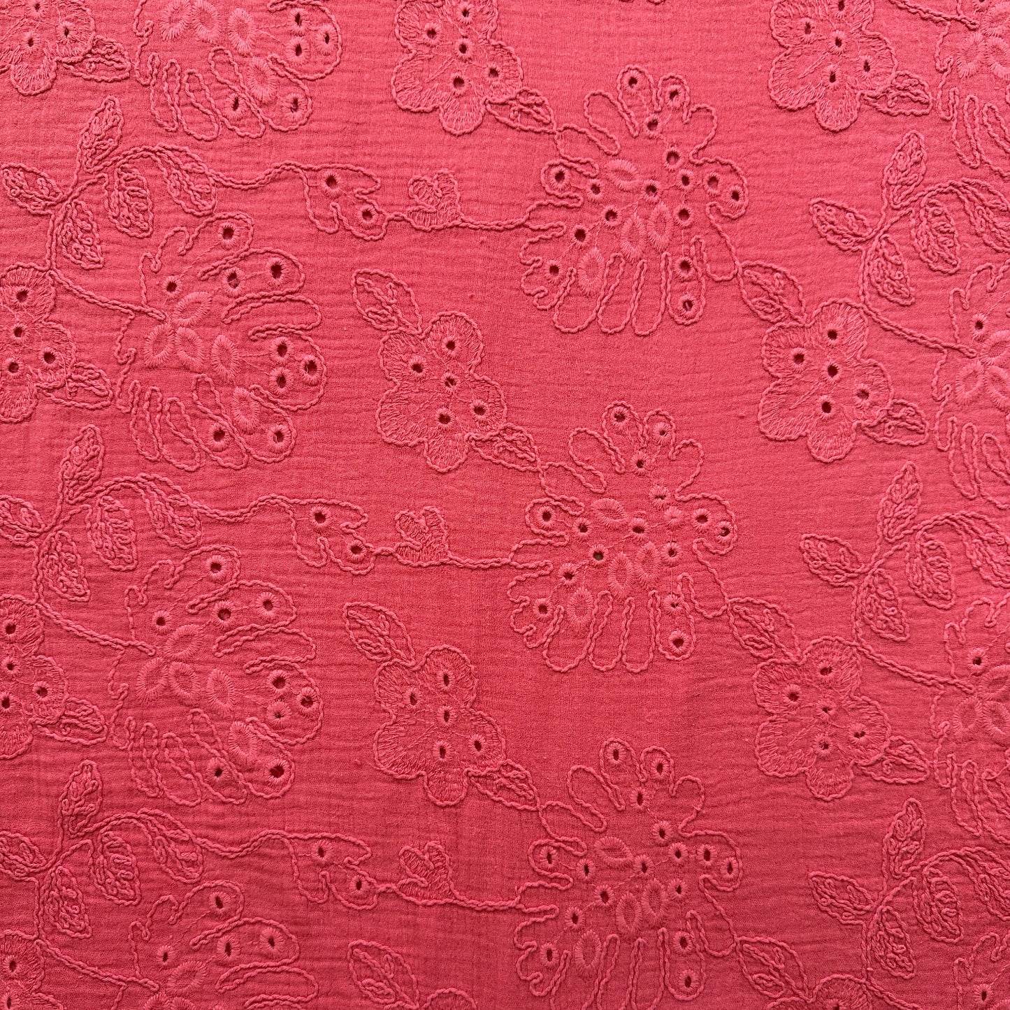 Coralie Embroidered Cotton Double Gauze Fabric in Coral
