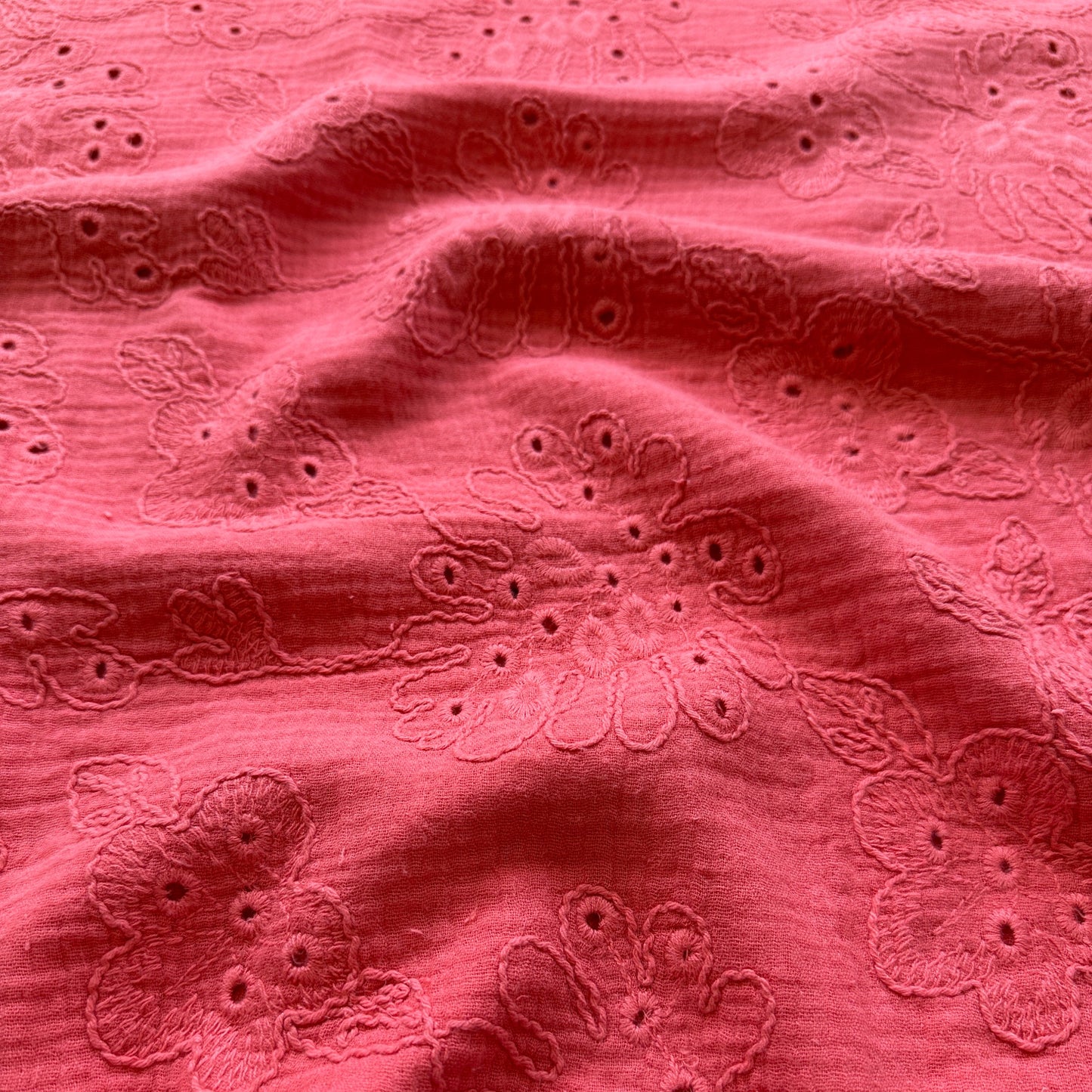 Coralie Embroidered Cotton Double Gauze Fabric in Coral