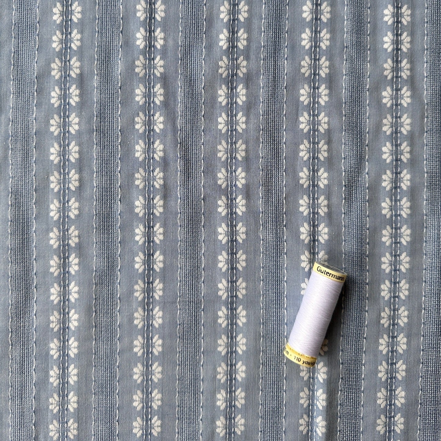 Embroidered Flowers Striped Cotton Rayon Fabric in Light Denim Blue - 1m