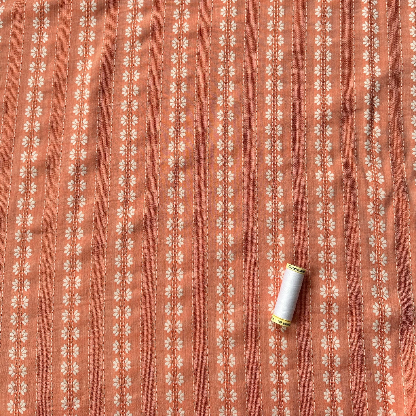 Embroidered Flowers Striped Cotton Rayon Fabric in Coral
