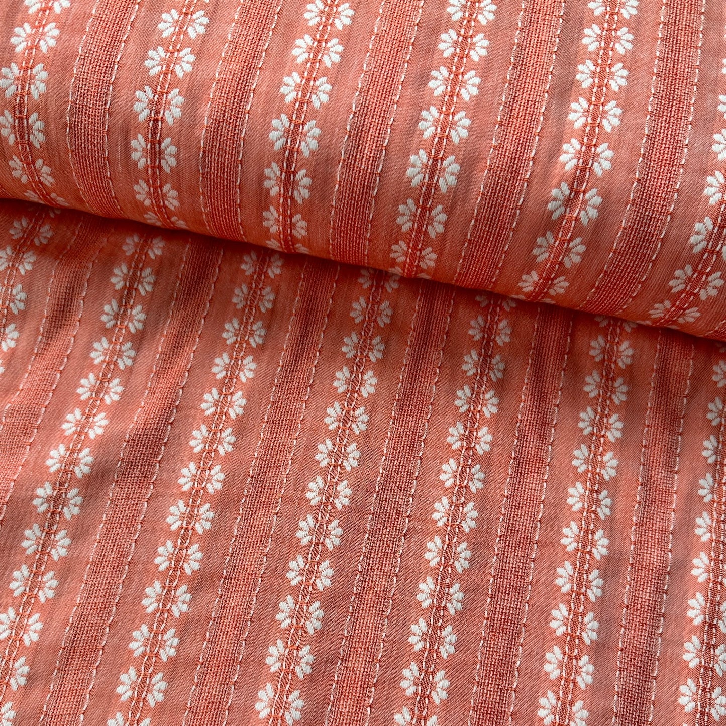 Embroidered Flowers Striped Cotton Rayon Fabric in Coral
