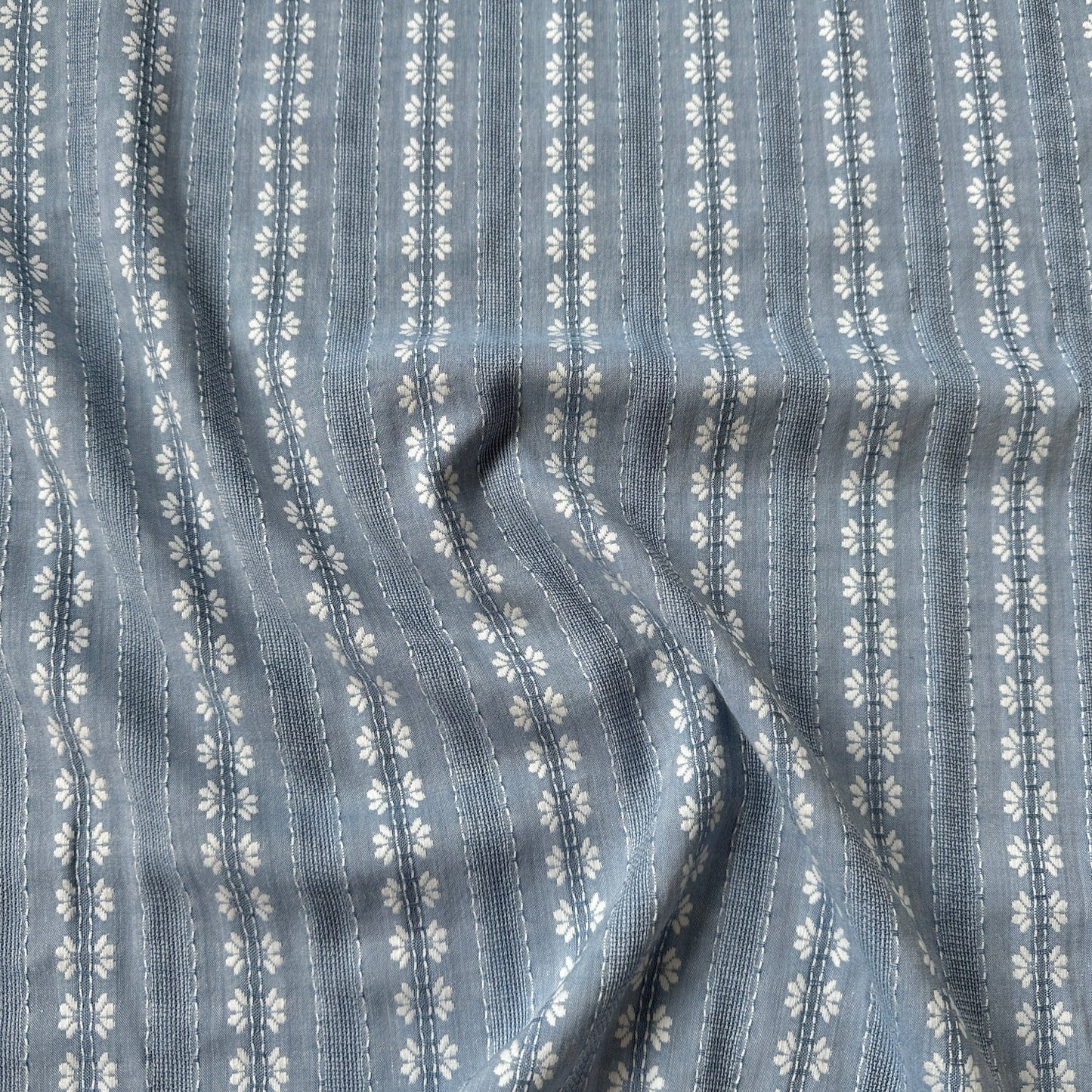 Embroidered Flowers Striped Cotton Rayon Fabric in Light Denim Blue - 1m