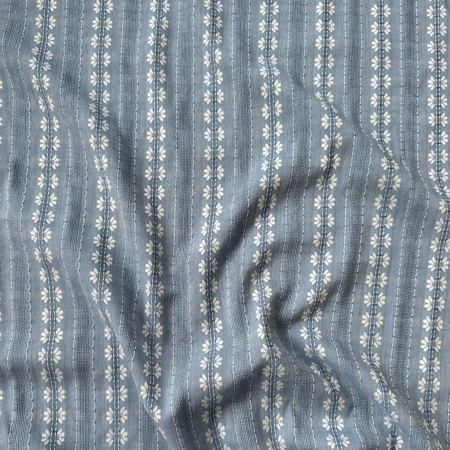 Embroidered Flowers Striped Cotton Rayon Fabric in Light Denim Blue - 25cm Piece