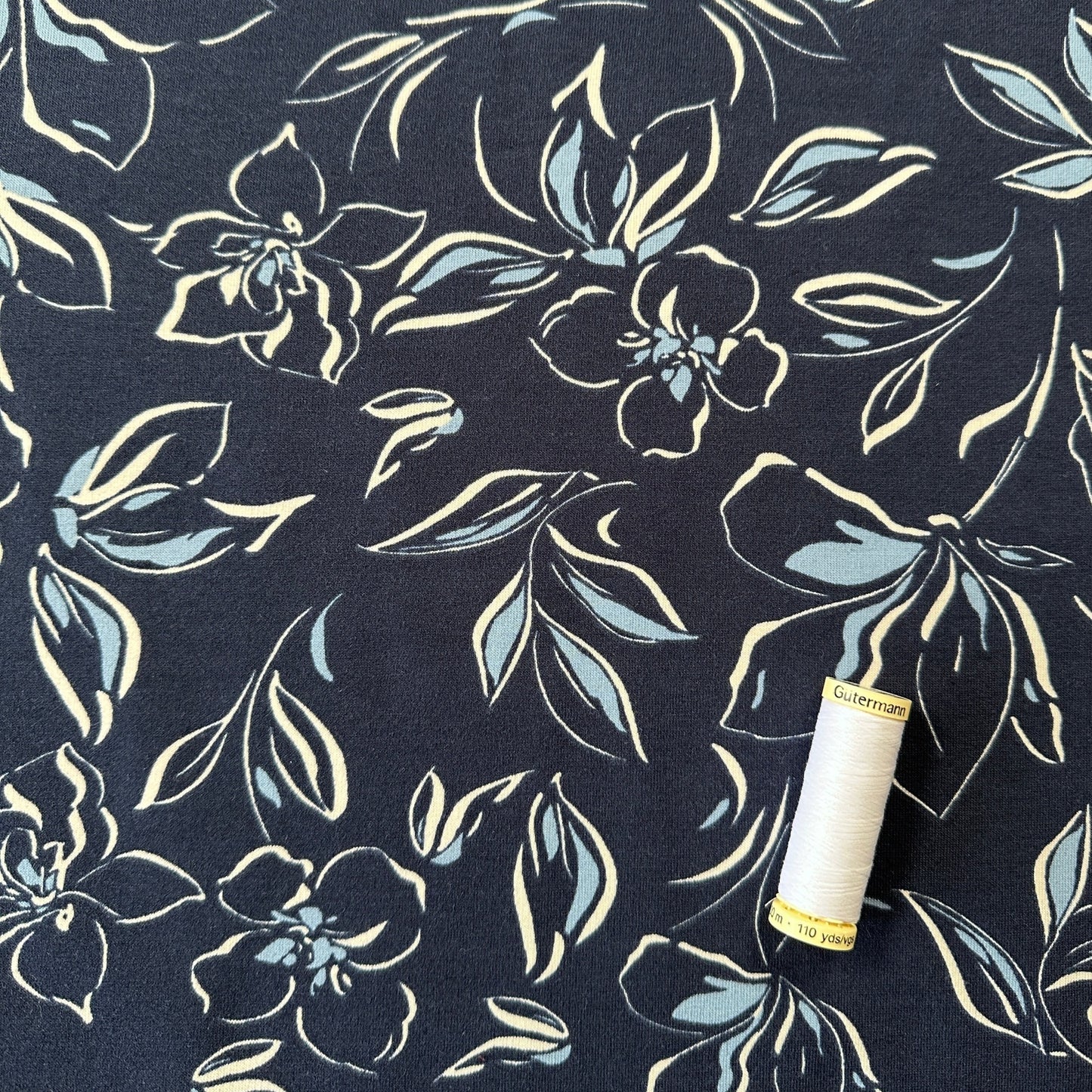 Flowers French Terry Fabric in Navy