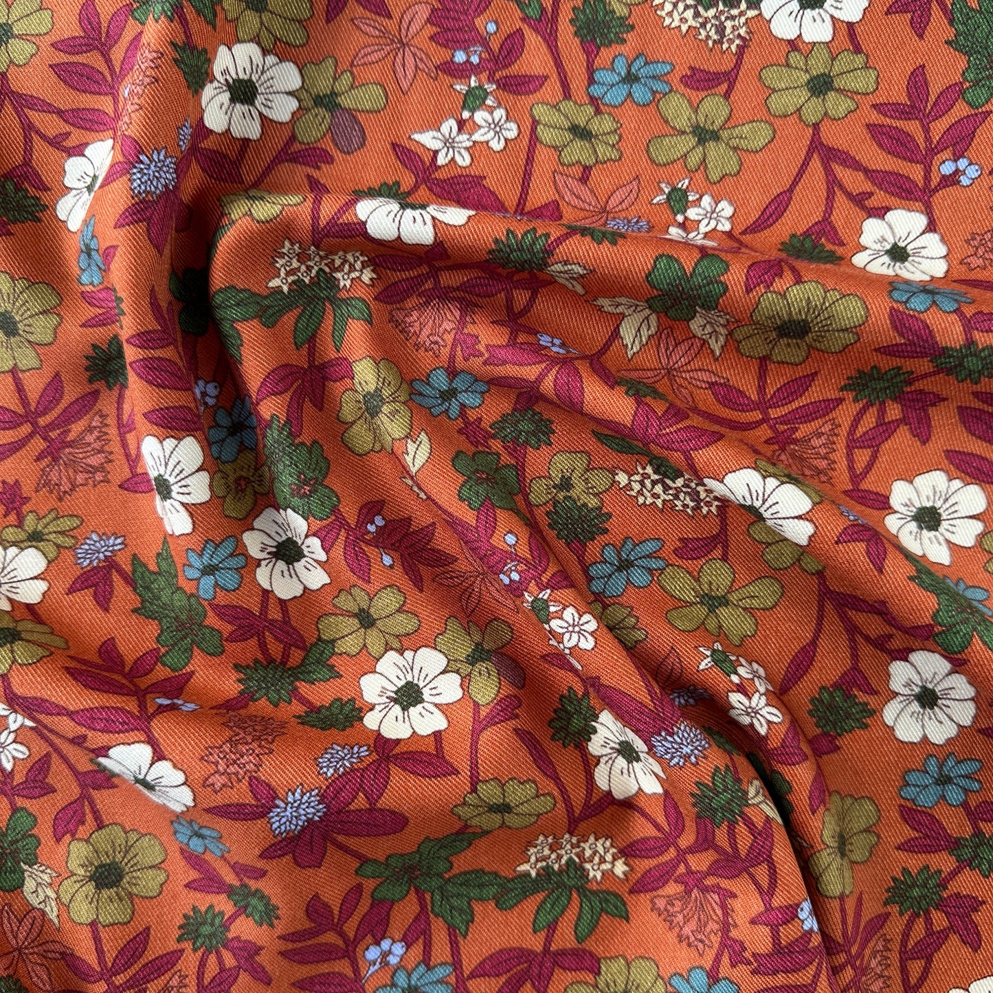 Flowers Viscose Twill Fabric in Burnt Orange