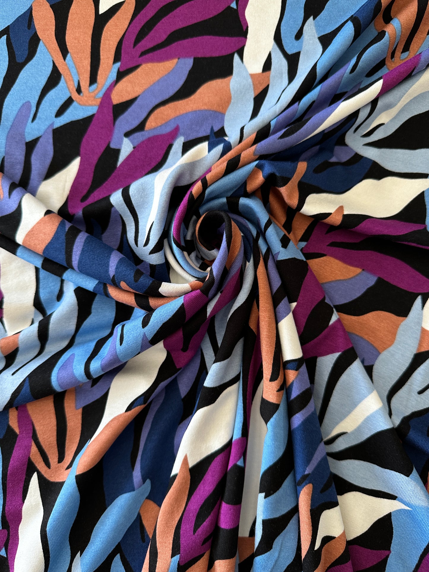Leaves Viscose Jersey Fabric in Blue