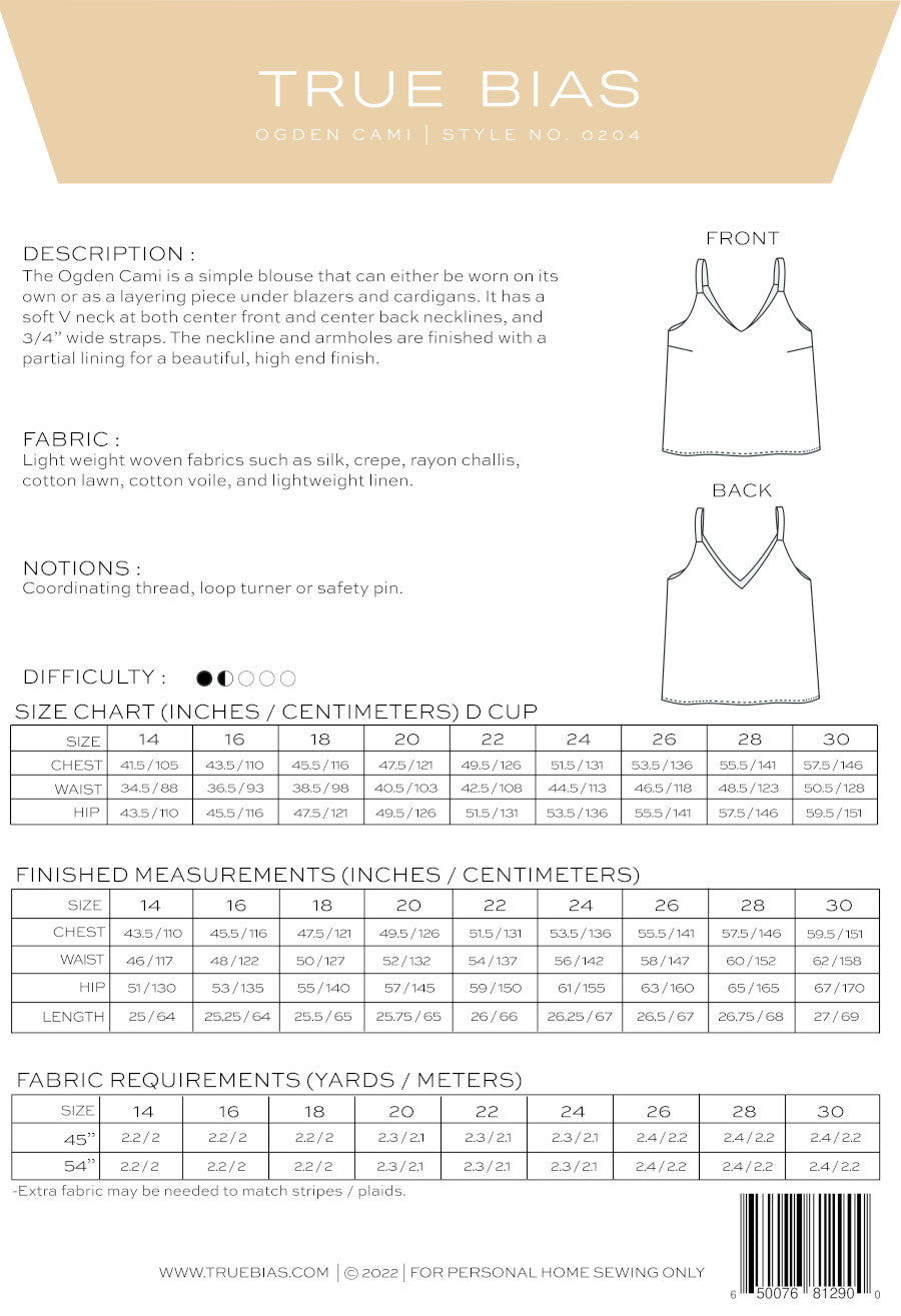 Ogden Cami Sewing Pattern (Size 14 - 30) - True Bias