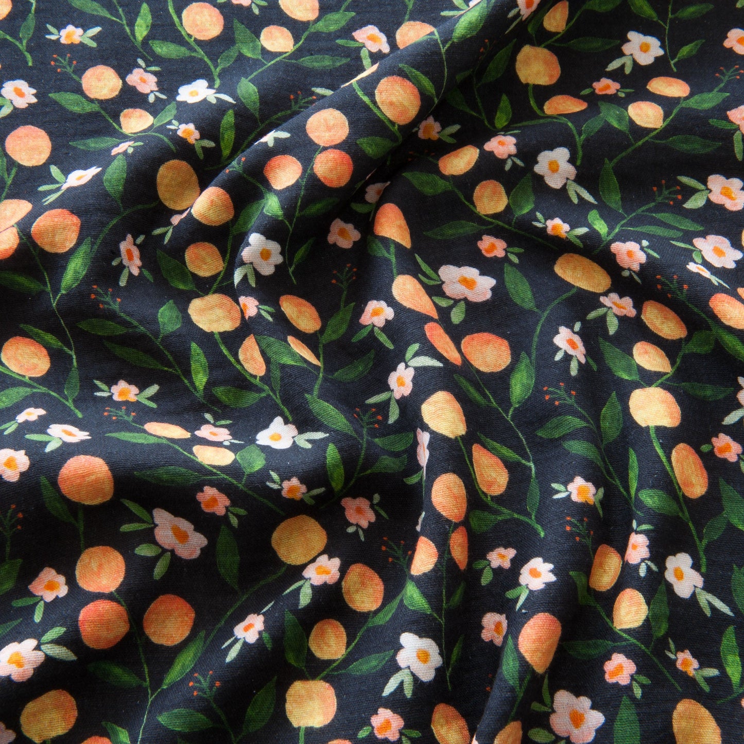 Oranges and Flowers Cotton Double Gauze Fabric in Black - 1.3m piece