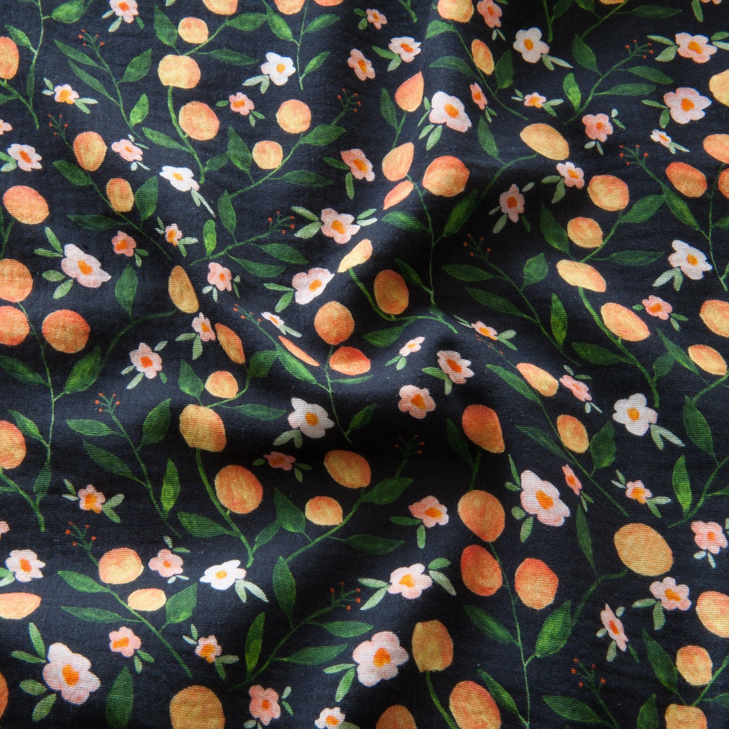 Oranges and Flowers Cotton Double Gauze Fabric in Black - 1.3m piece