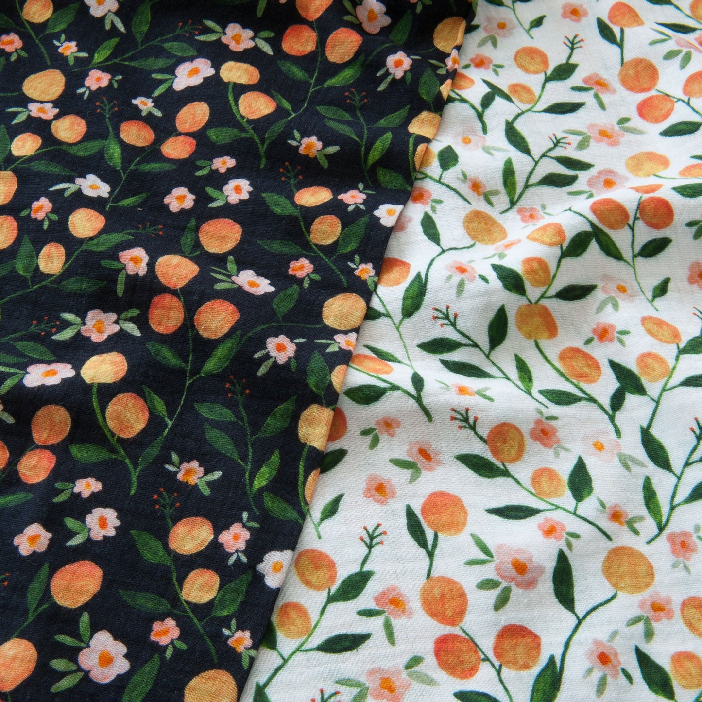 Oranges and Flowers Cotton Double Gauze Fabric in Black - 1.3m piece