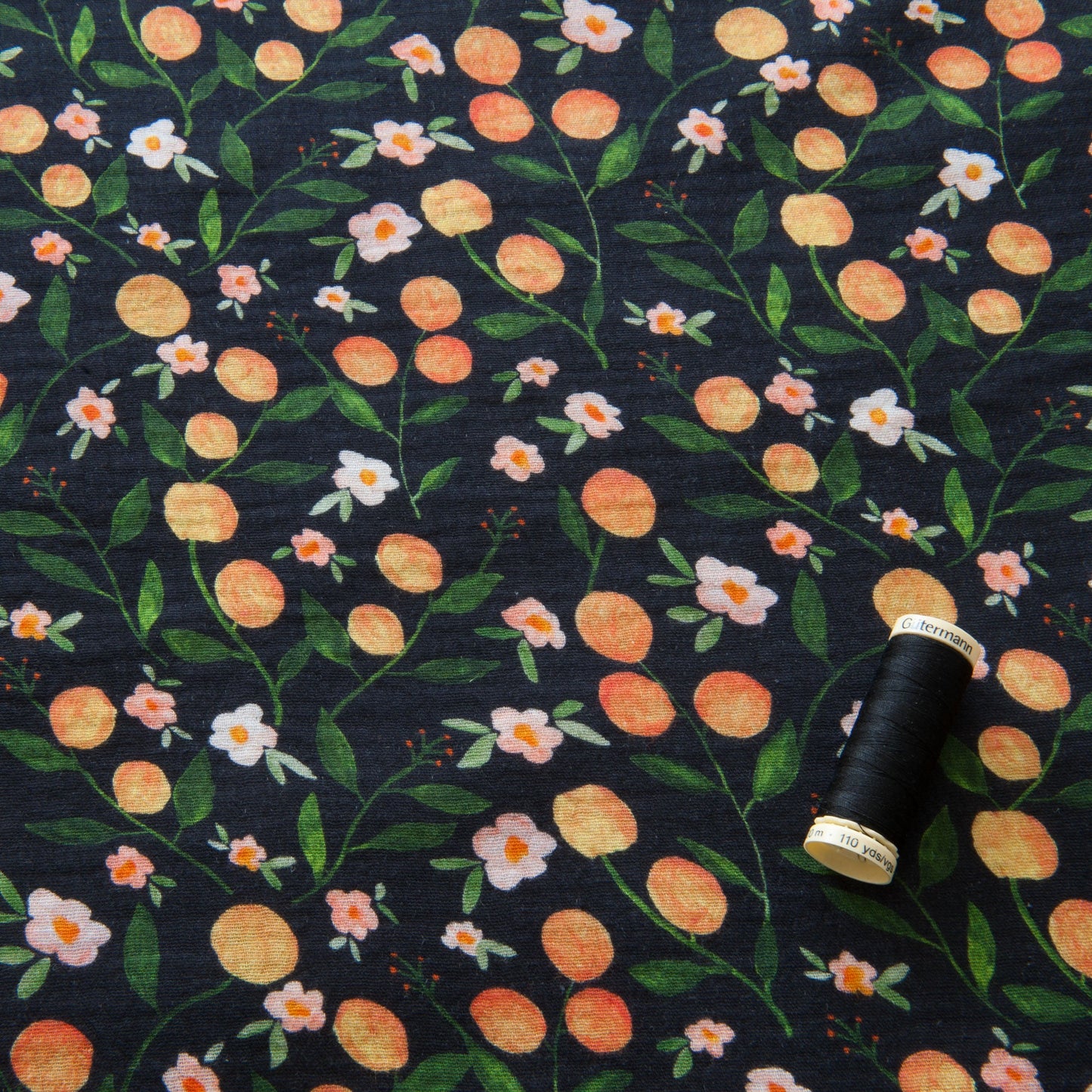 Oranges and Flowers Cotton Double Gauze Fabric in Black - 1.3m piece