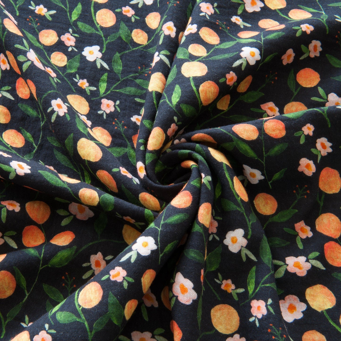 Oranges and Flowers Cotton Double Gauze Fabric in Black - 1.3m piece