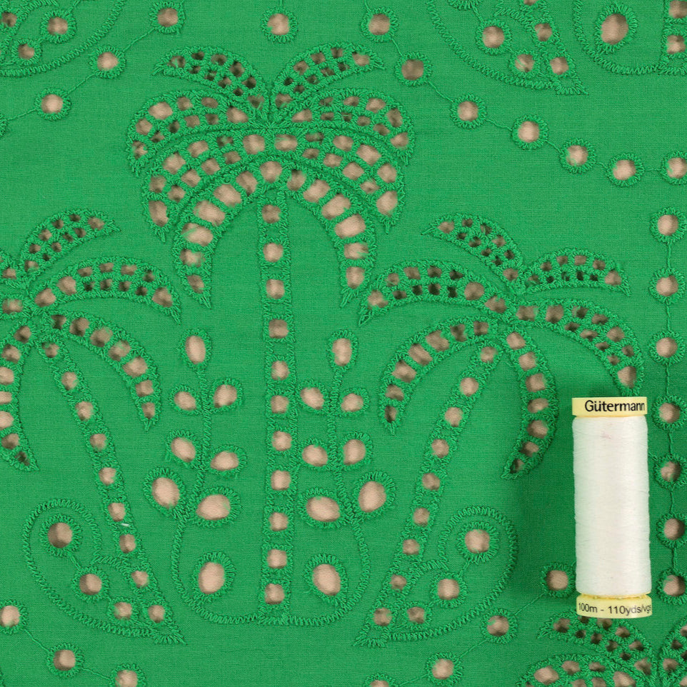 Palm Tree Cotton Broderie Anglaise Fabric in Emerald - Fabric Godmother