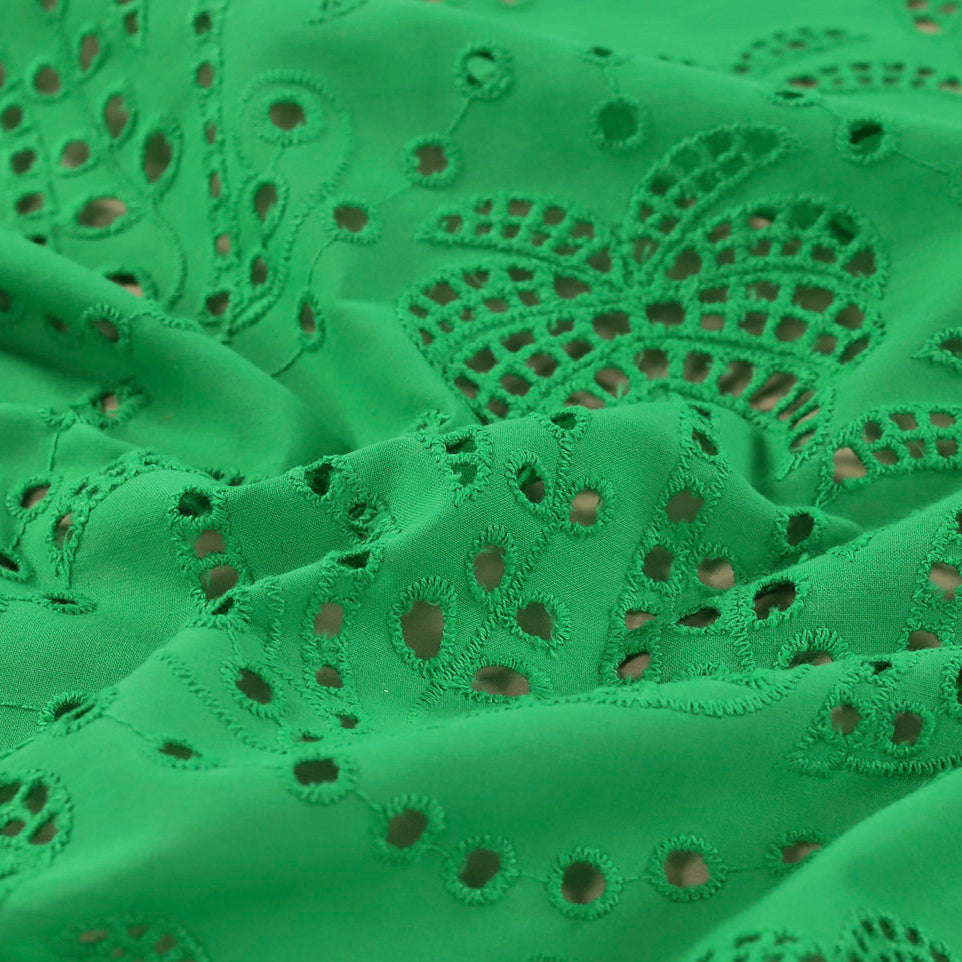Palm Tree Cotton Broderie Anglaise Fabric in Emerald - Fabric Godmother