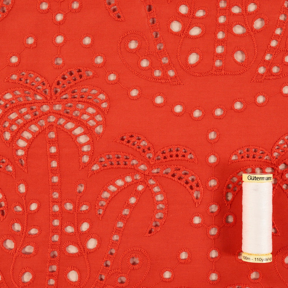 Palm Tree Cotton Broderie Anglaise in Orange - Fabric Godmother