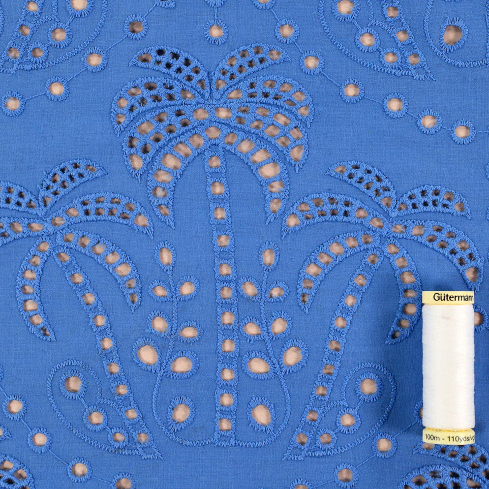 Palm Tree Cotton Broderie Anglaise in Periwinkle - Fabric Godmother - 1.85m Piece