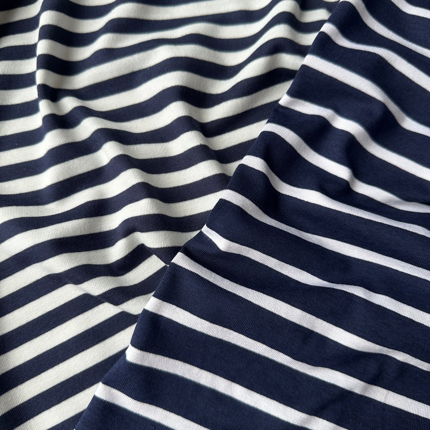 White on Navy Striped Viscose Jersey Fabric