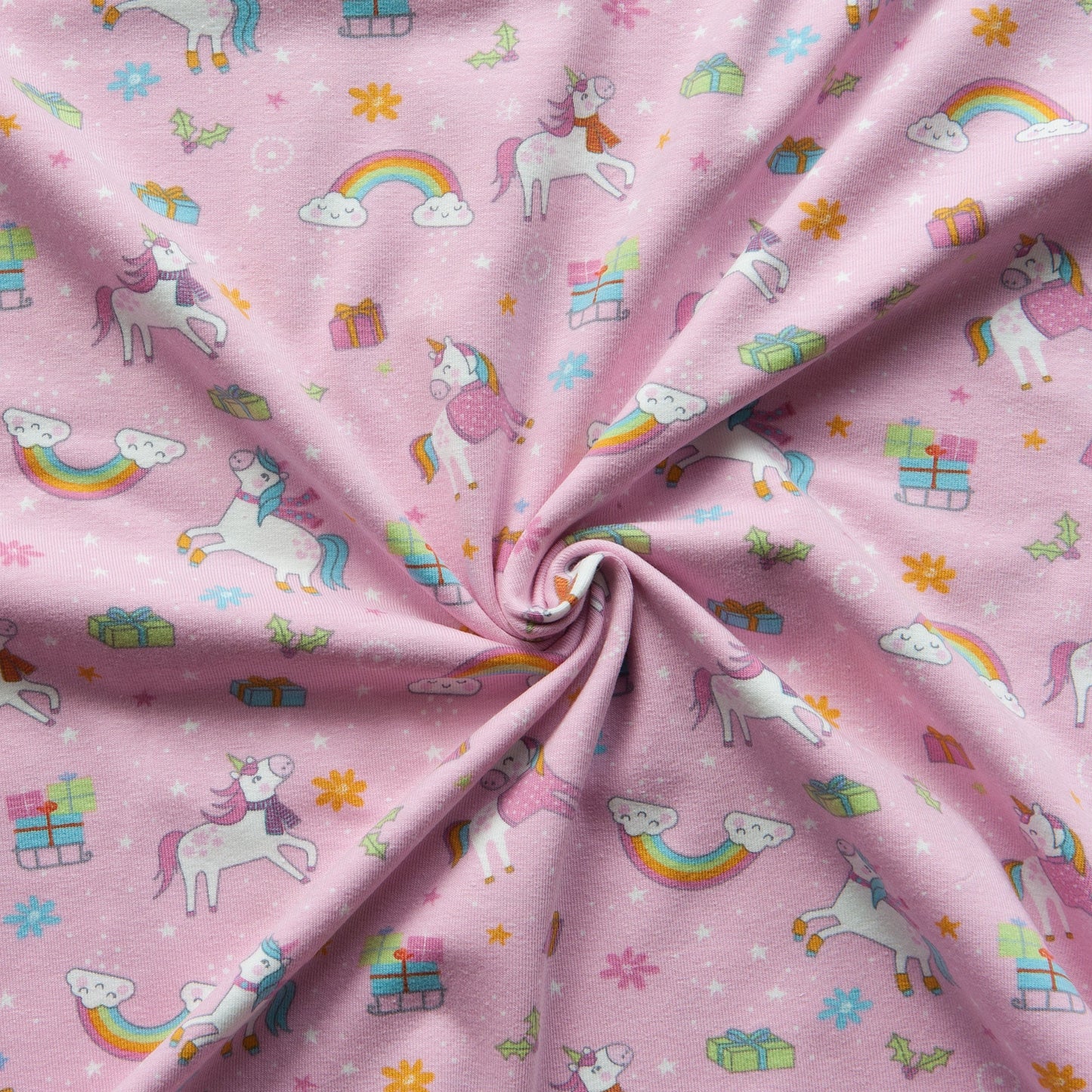 Unicorn Christmas Cotton Jersey Fabric in Pink - 1.1m Piece
