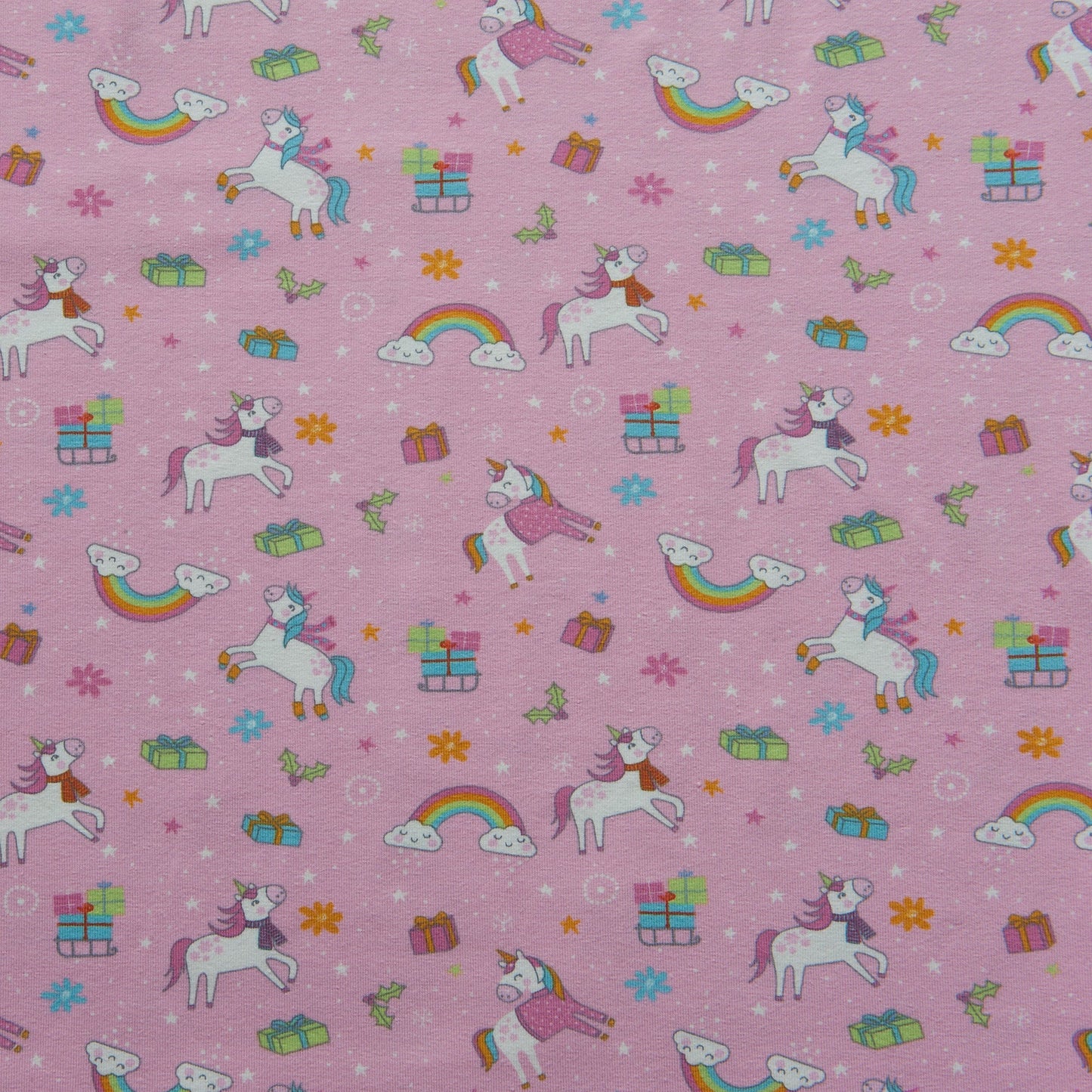 Unicorn Christmas Cotton Jersey Fabric in Pink - 1.1m Piece
