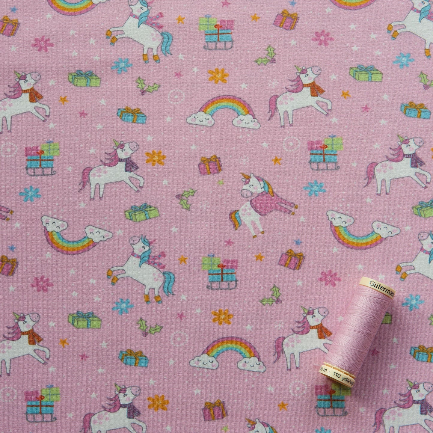 Unicorn Christmas Cotton Jersey Fabric in Pink - 1.1m Piece