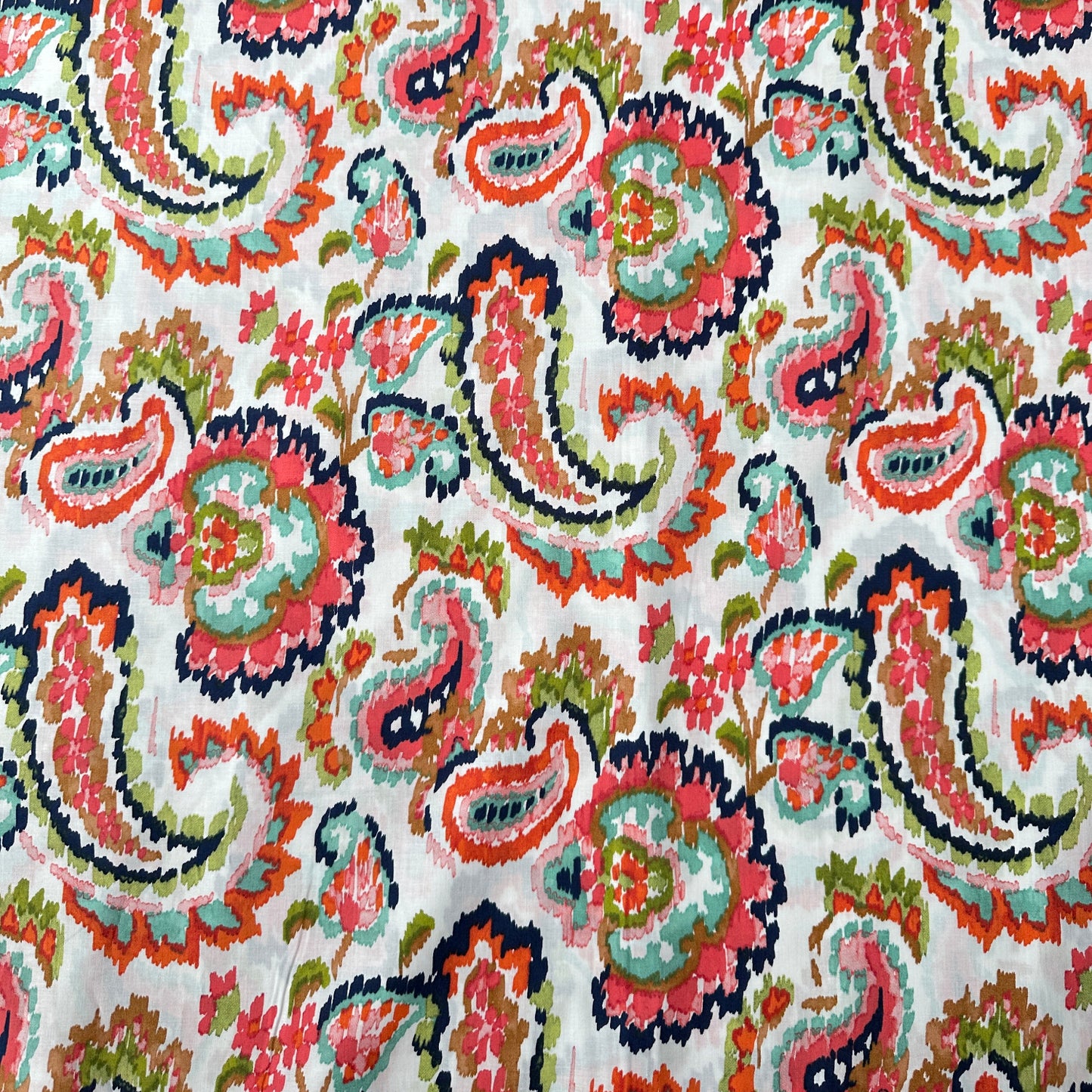 Watercolour Paisley Pima Cotton Lawn Fabric in Coral Navy Green Pink and Orange