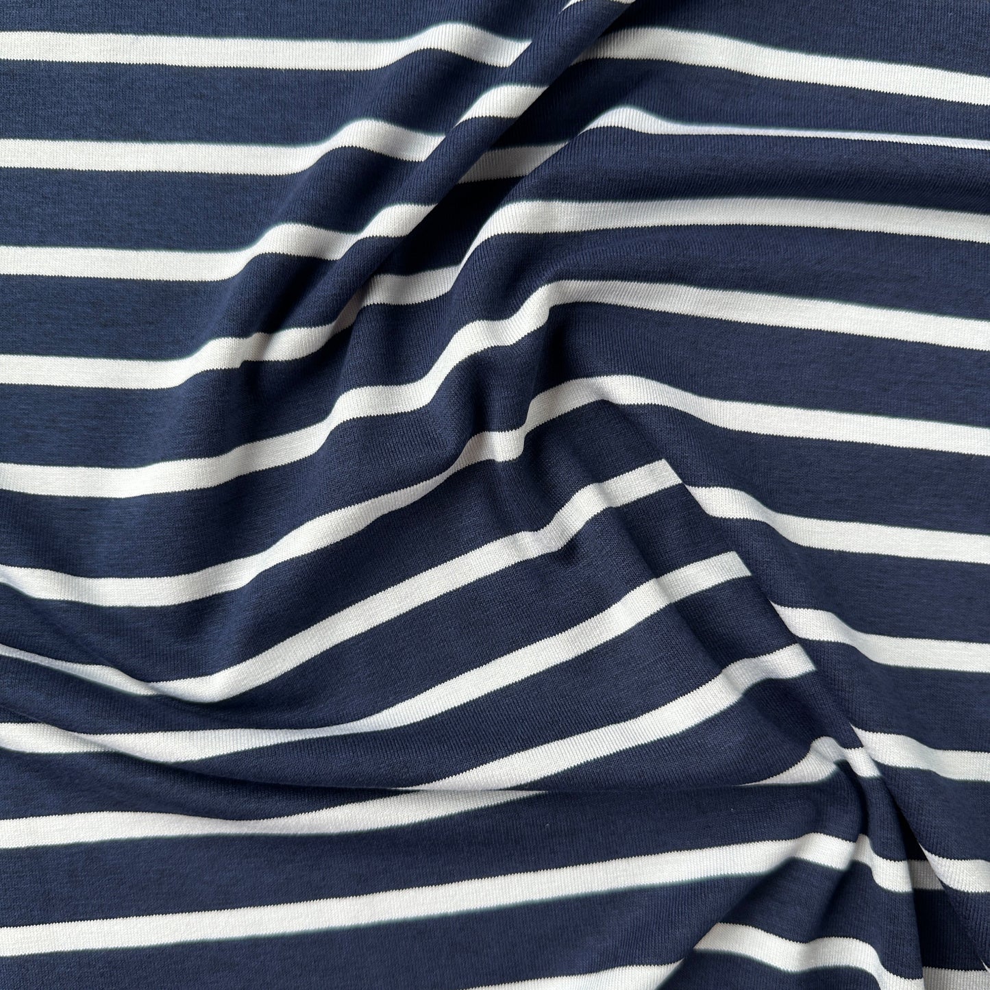 White on Navy Striped Viscose Jersey Fabric