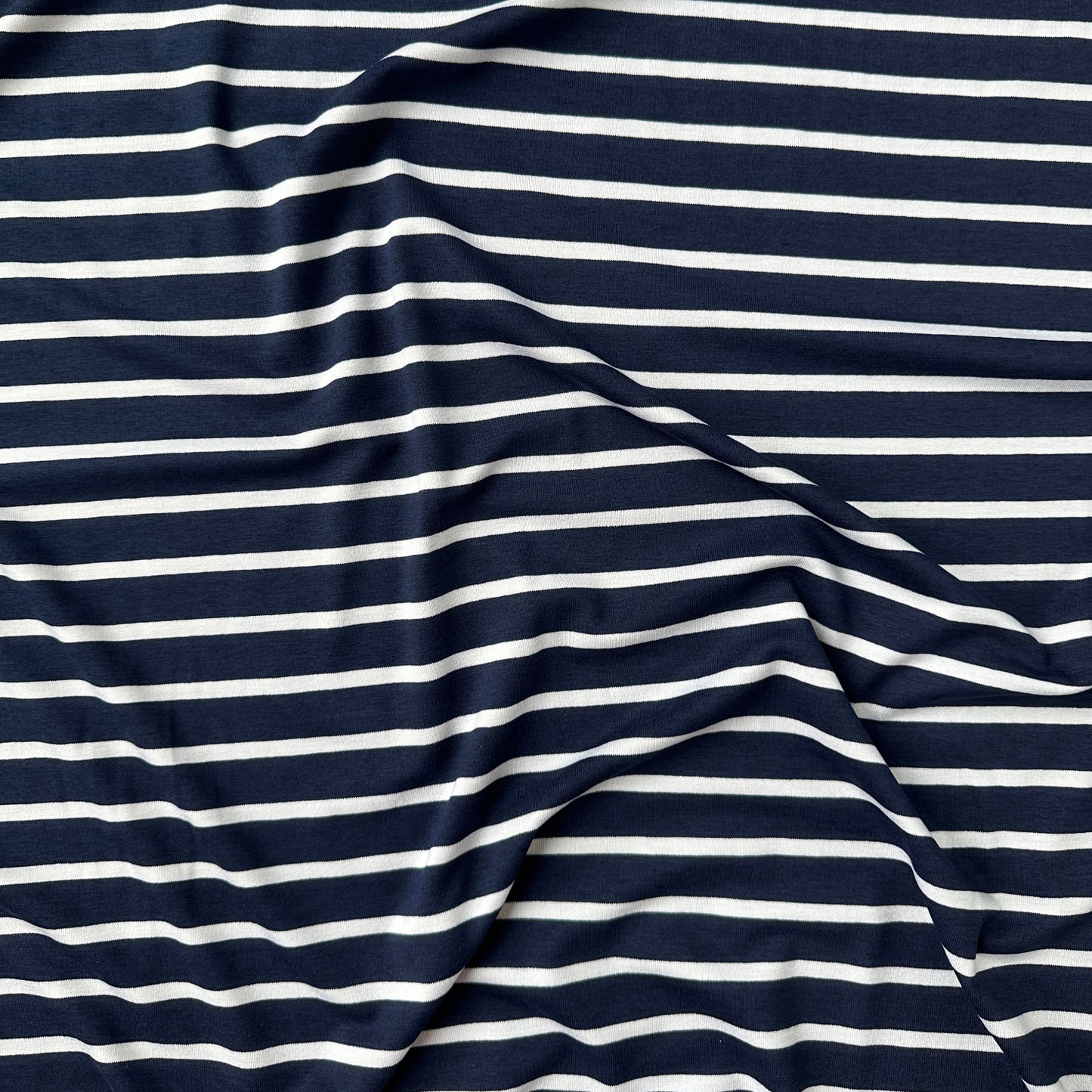 White on Navy Striped Viscose Jersey Fabric
