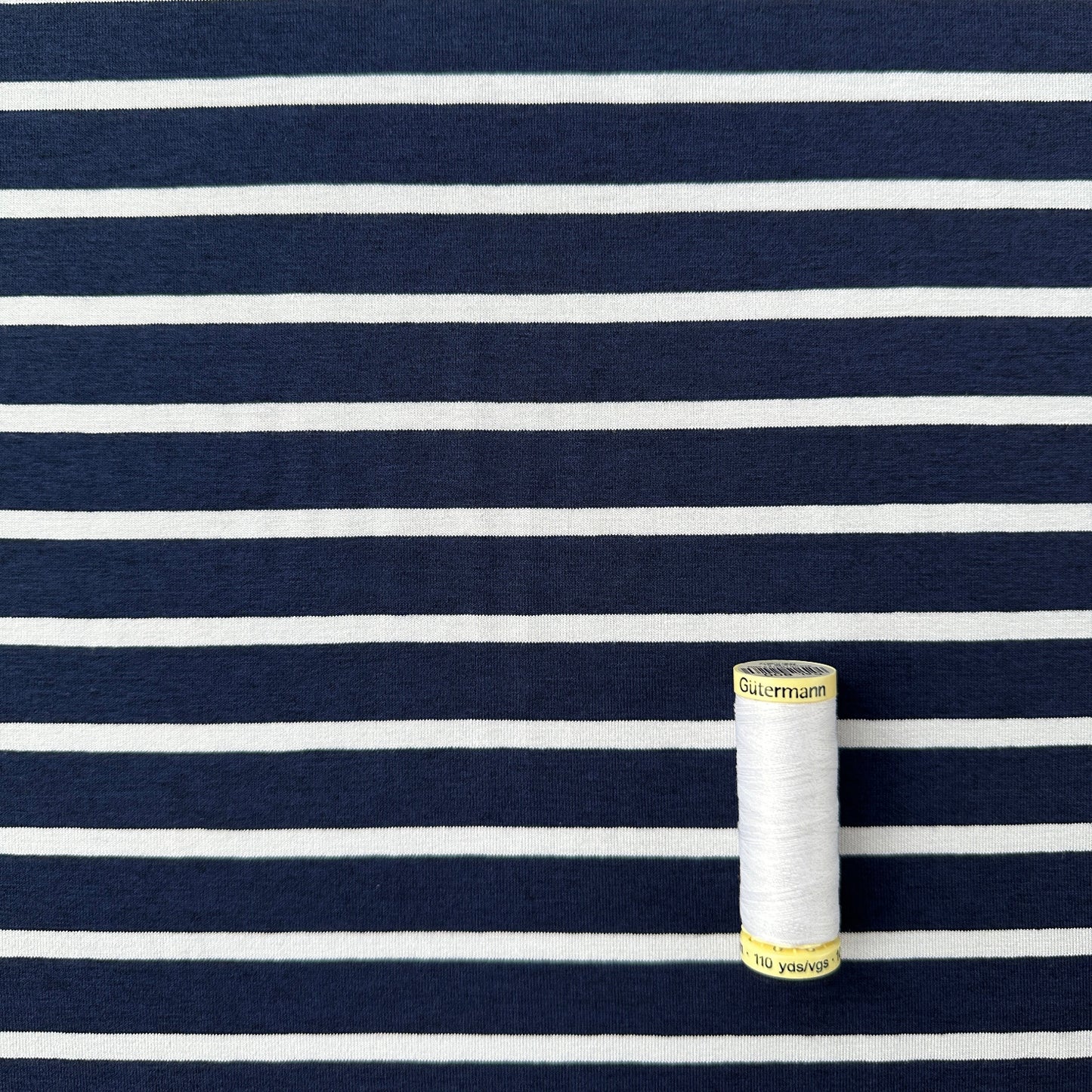 White on Navy Striped Viscose Jersey Fabric