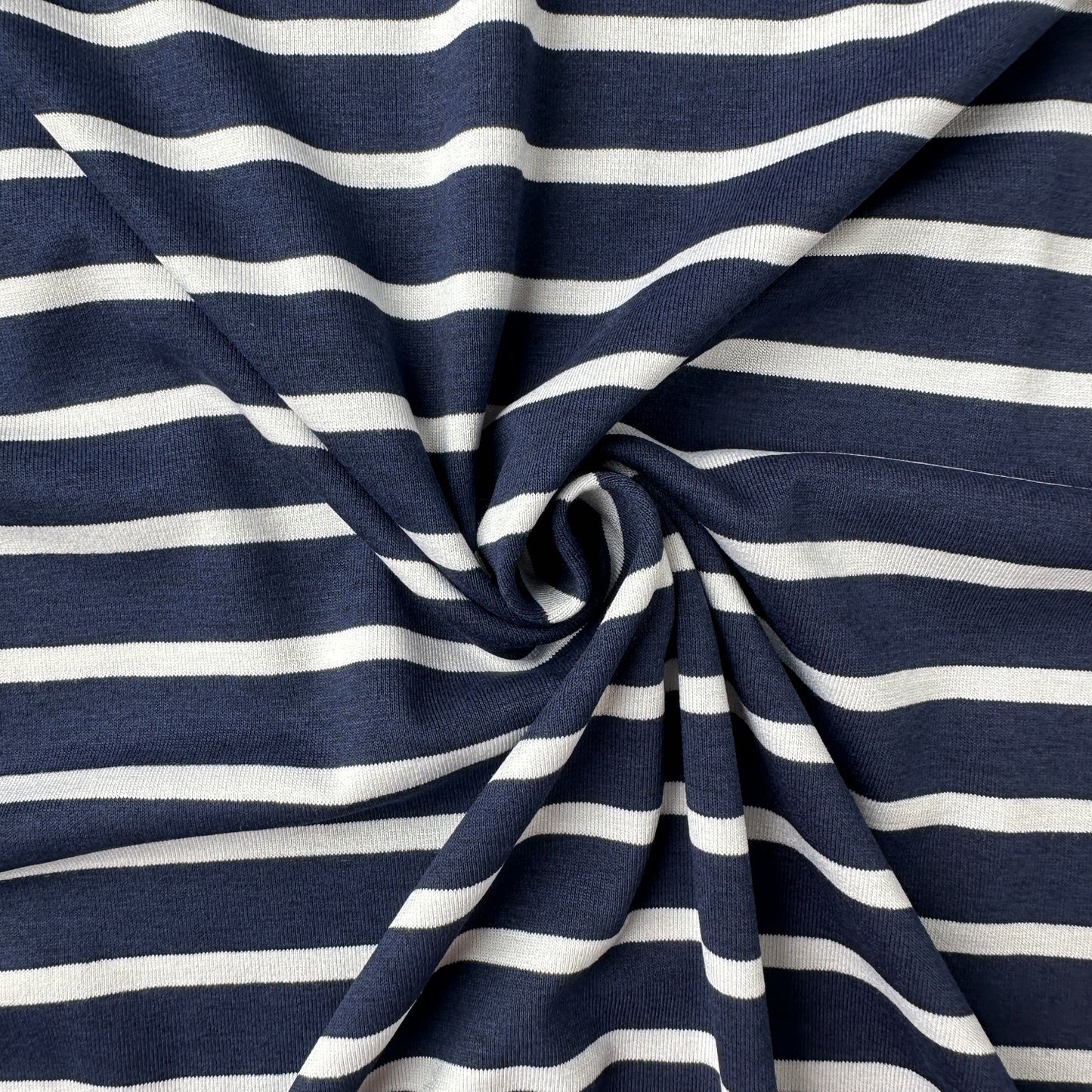 White on Navy Striped Viscose Jersey Fabric