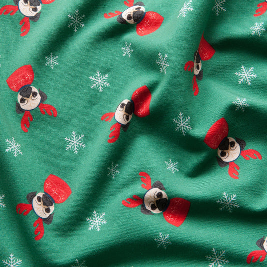 Christmas Pug Brushed French Terry Fabric