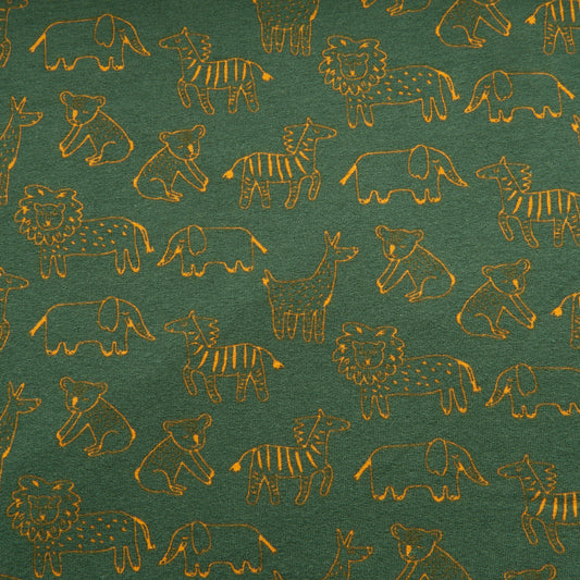 Happy Animals Organic Cotton Sweatshirt Fabric in Dark Green - 1.5m Piece