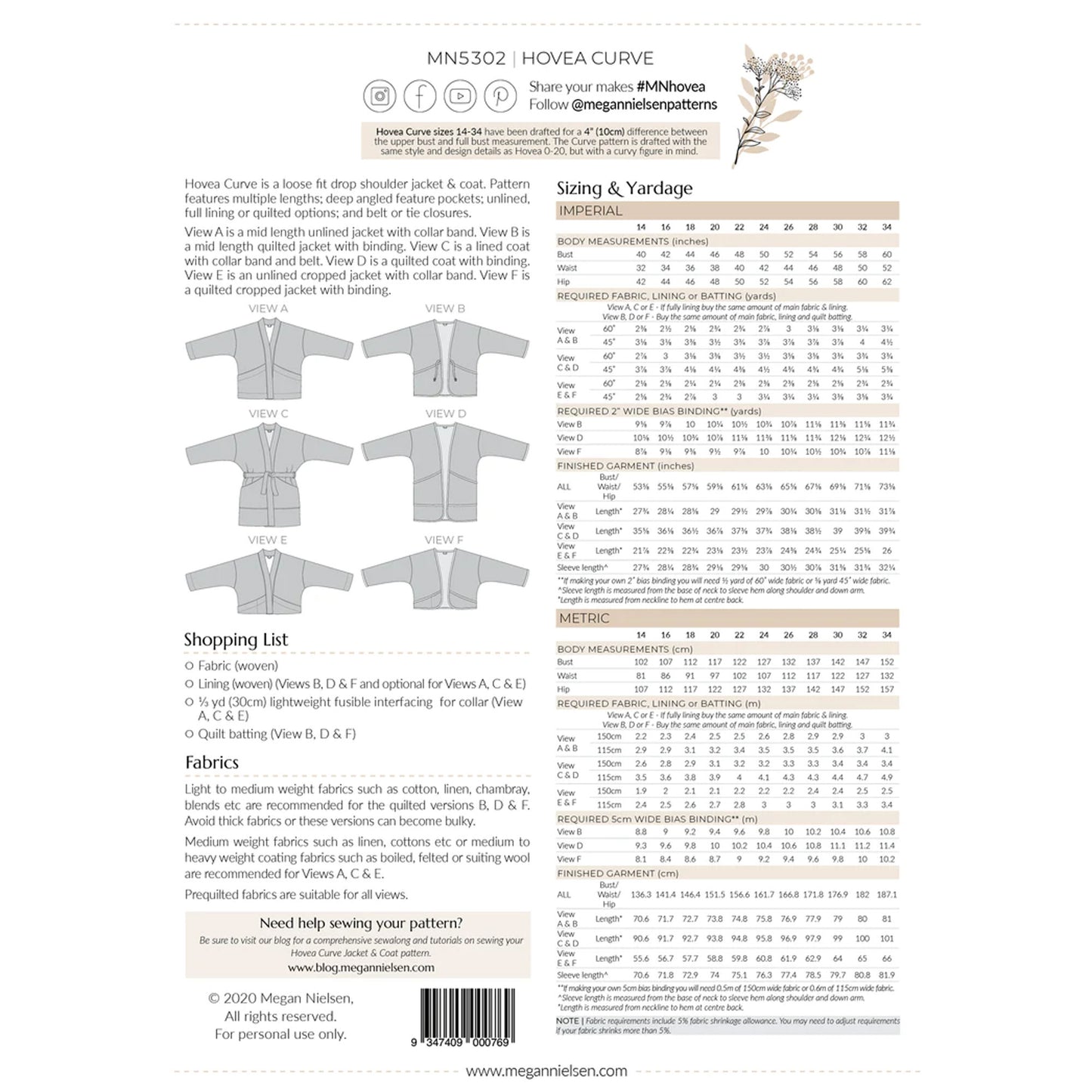 Hovea Jacket and Coat Sewing Pattern (Size 14-34) - Megan Nielsen Patterns