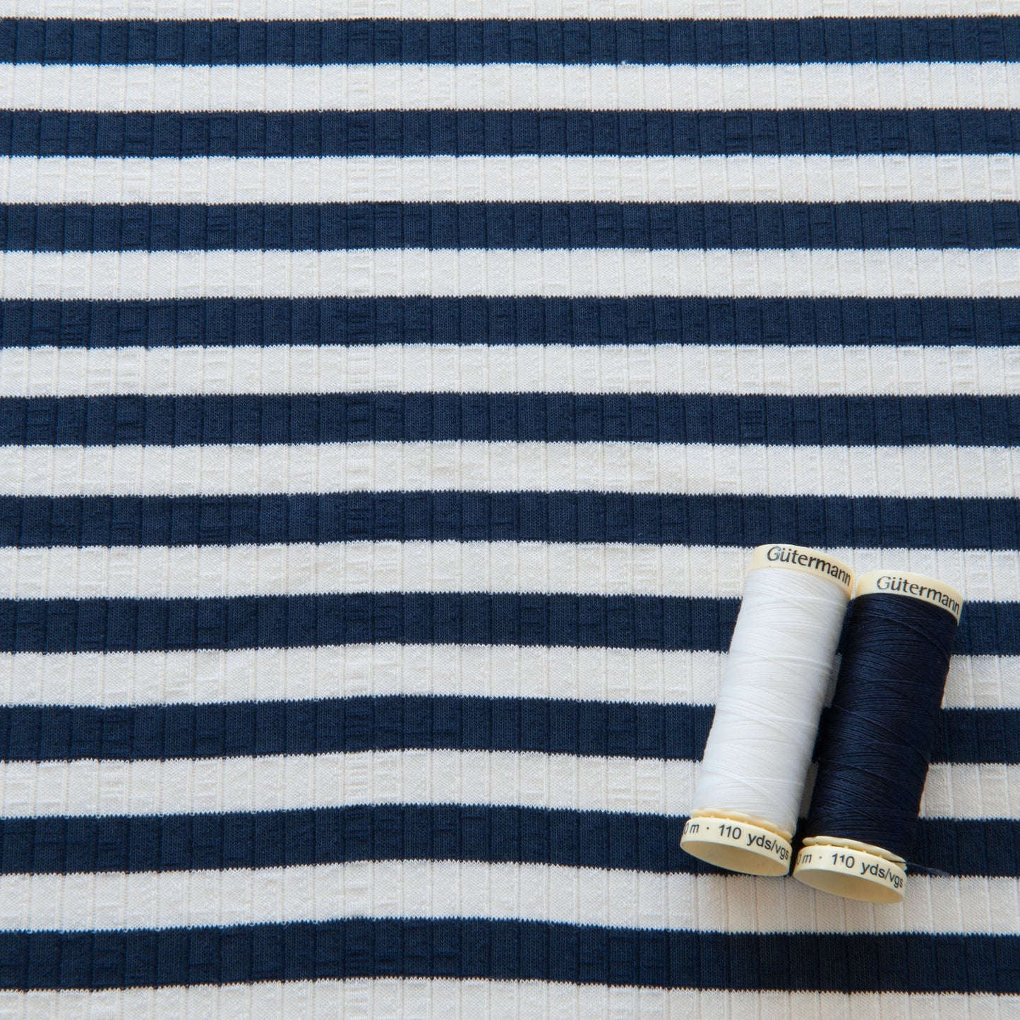Navy and Ecru Stripe Ribbed Cotton Jersey Fabric