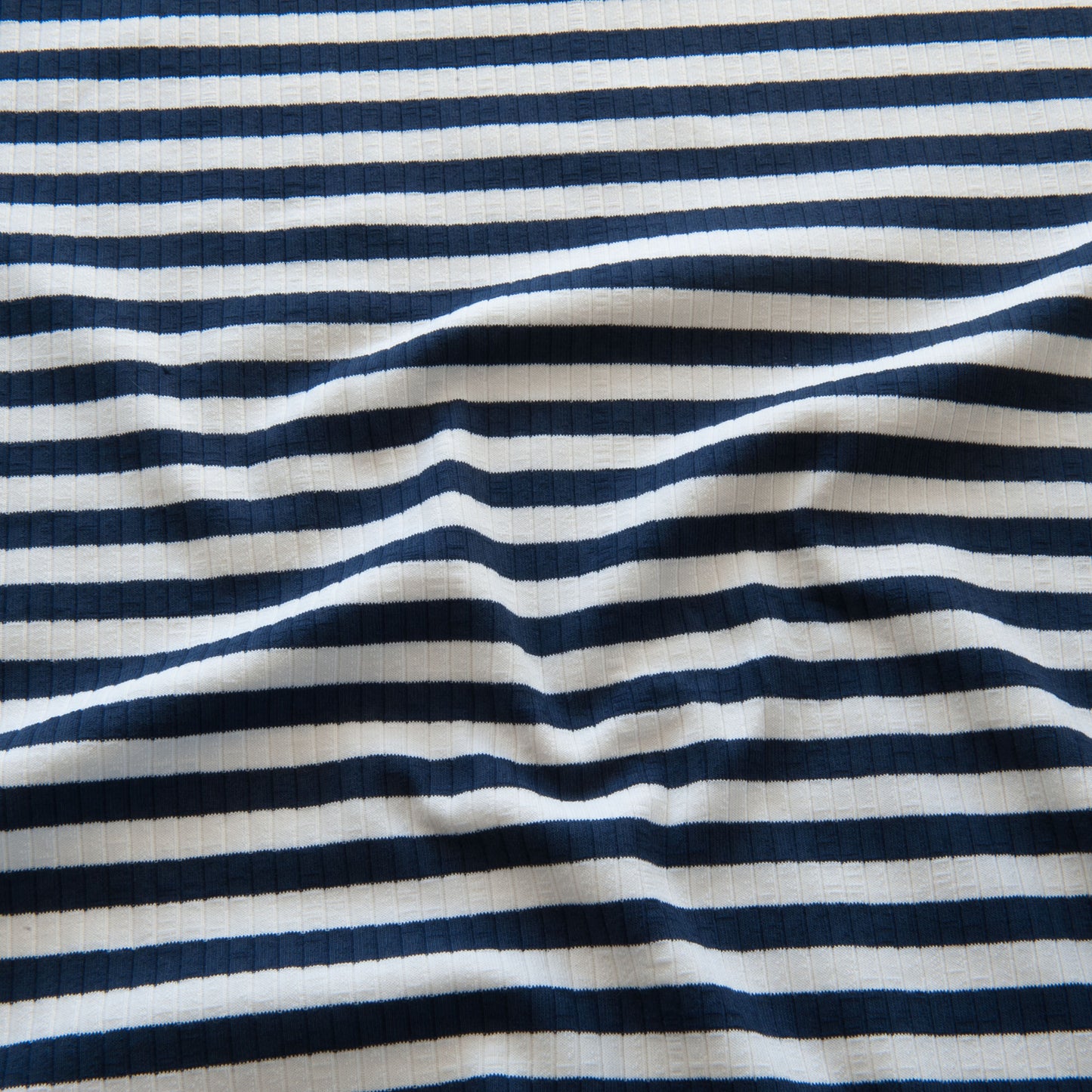 Navy and Ecru Stripe Ribbed Cotton Jersey Fabric
