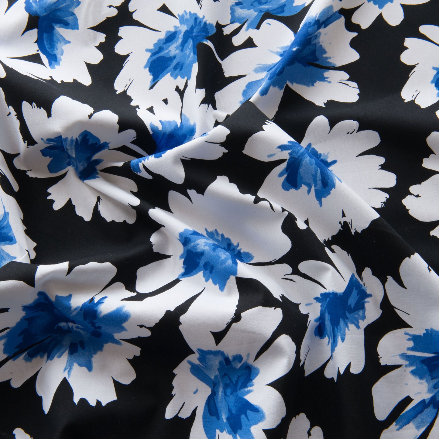 Stretch Cotton Dressmaking Fabric with Big Blue and White Flowers