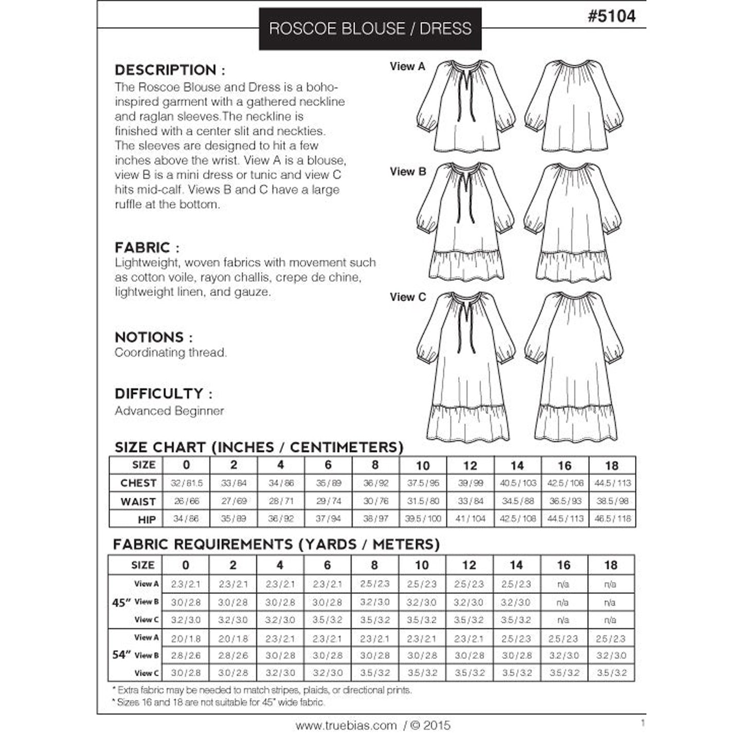 Roscoe Blouse & Dress Sewing Pattern - True Bias