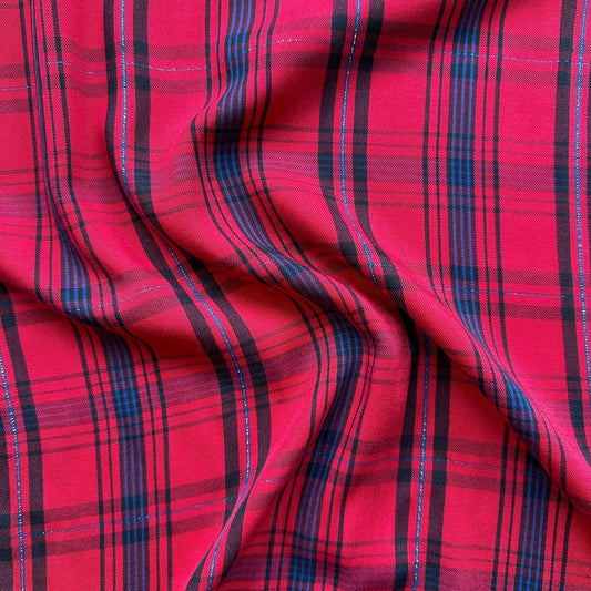 Sparkly Check Cotton Viscose Blend Fabric in Pink, Navy and Blue