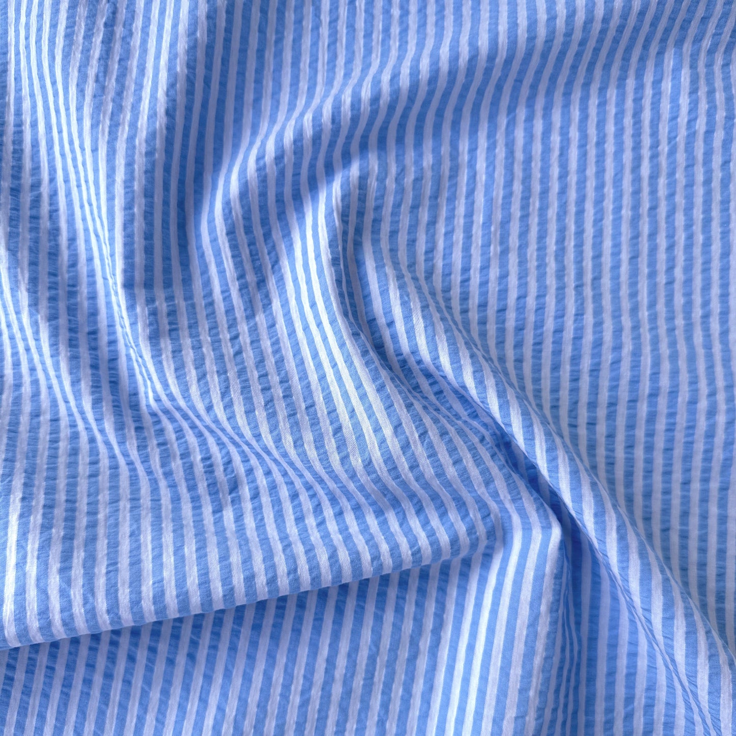 Baby Blue and White Striped Cotton Seersucker Fabric