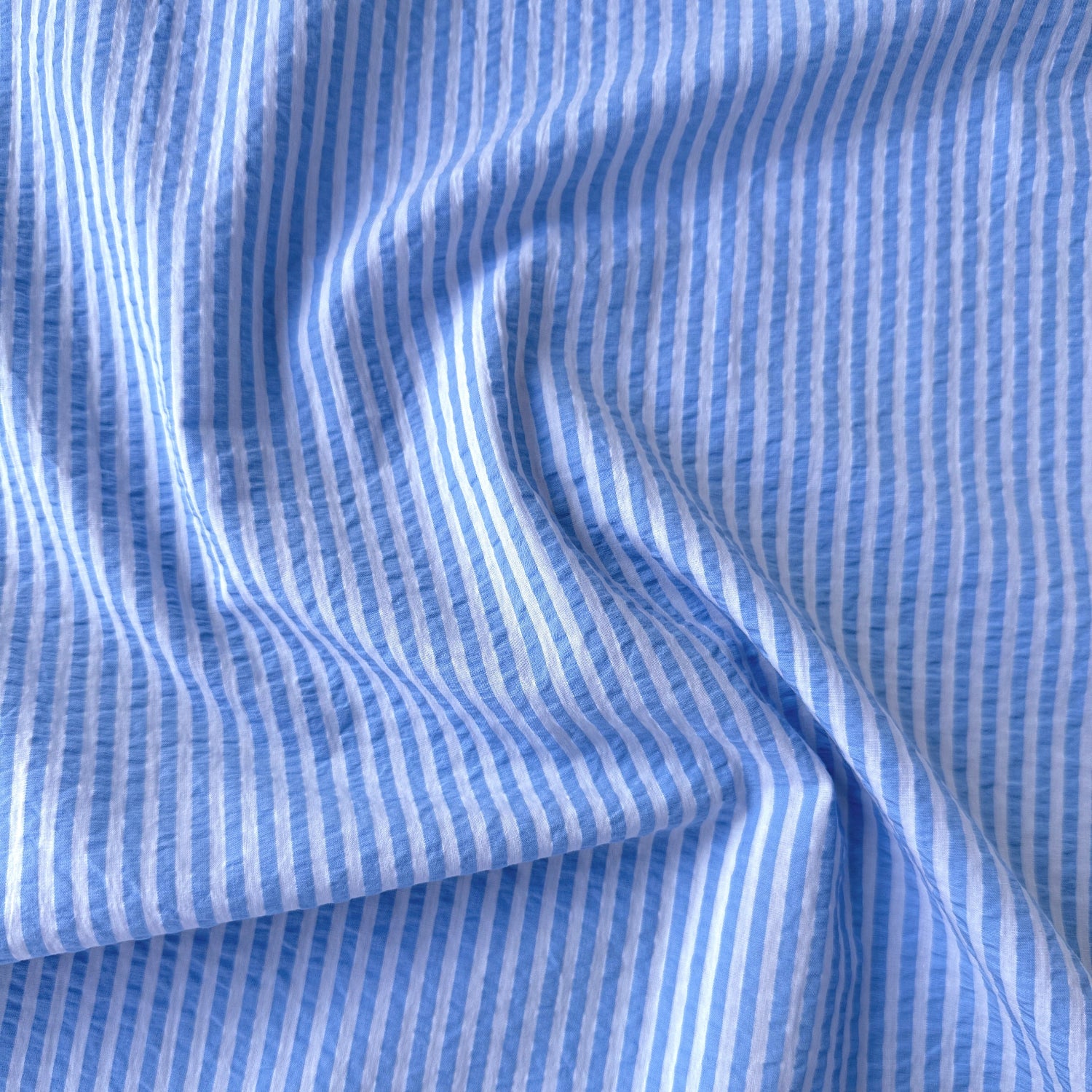 Baby Blue and White Striped Cotton Seersucker Fabric
