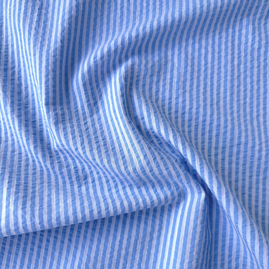 Baby Blue and White Striped Cotton Seersucker Fabric