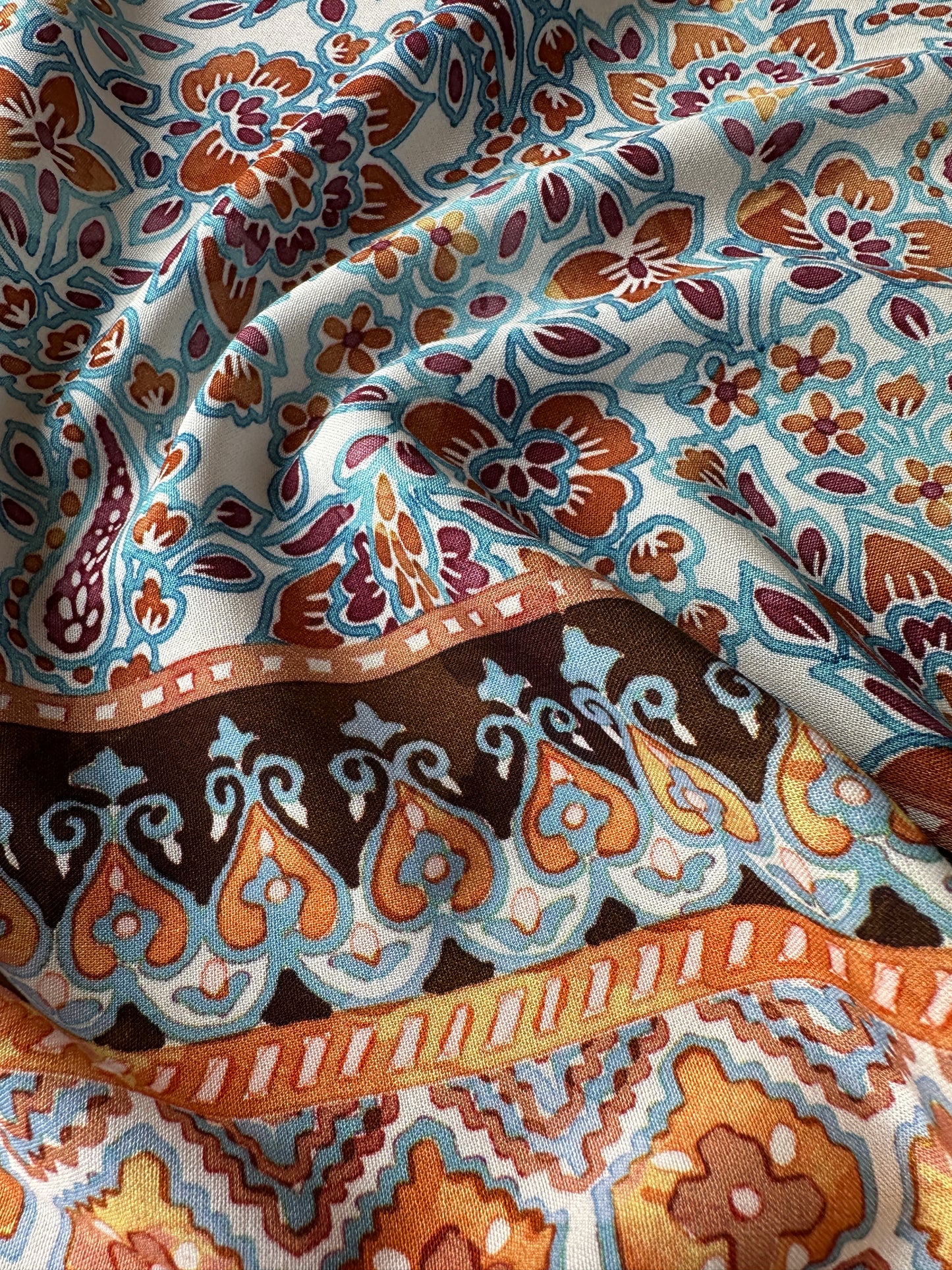 Border Print Viscose Fabric in Brown, Blue and Orange