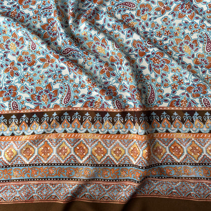 Border Print Viscose Fabric in Brown, Blue and Orange